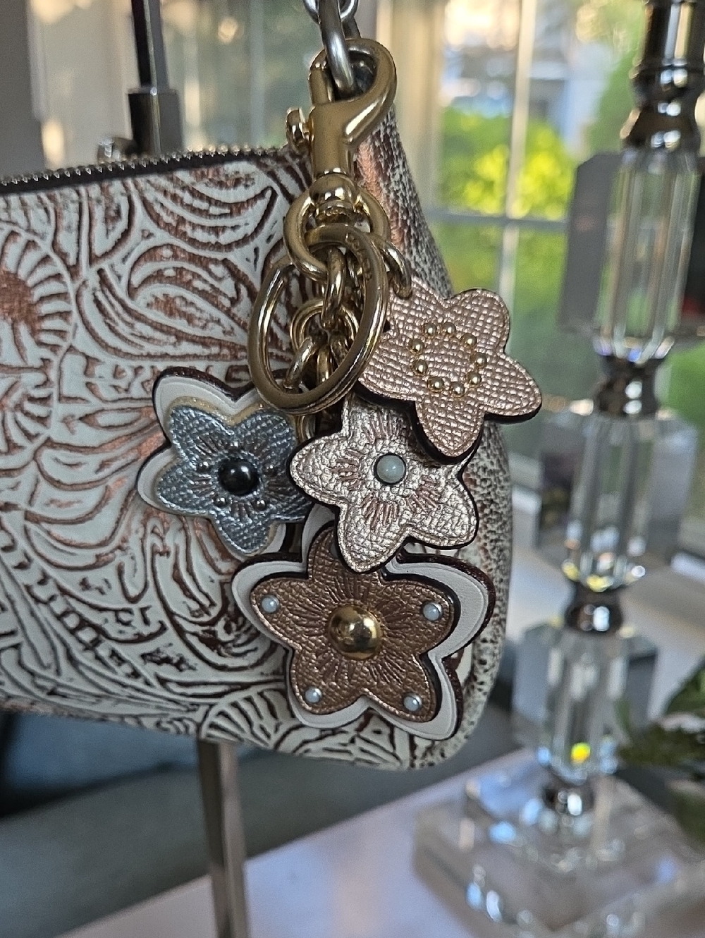 COACH Floral Metallic Leather Keychain with Gold Hardware - Picture 9 of 10